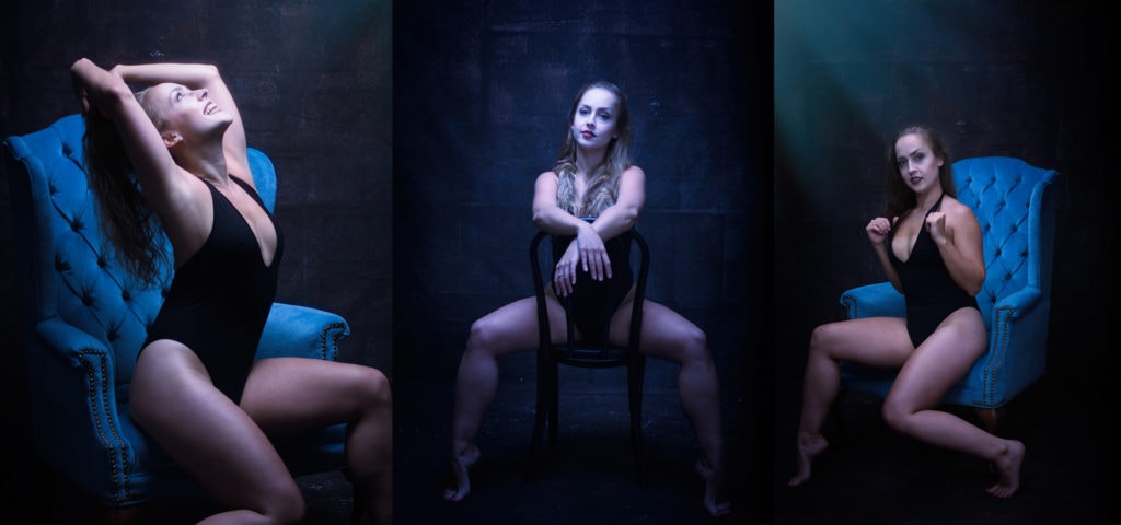 Boston boudoir photography women on a blue chair